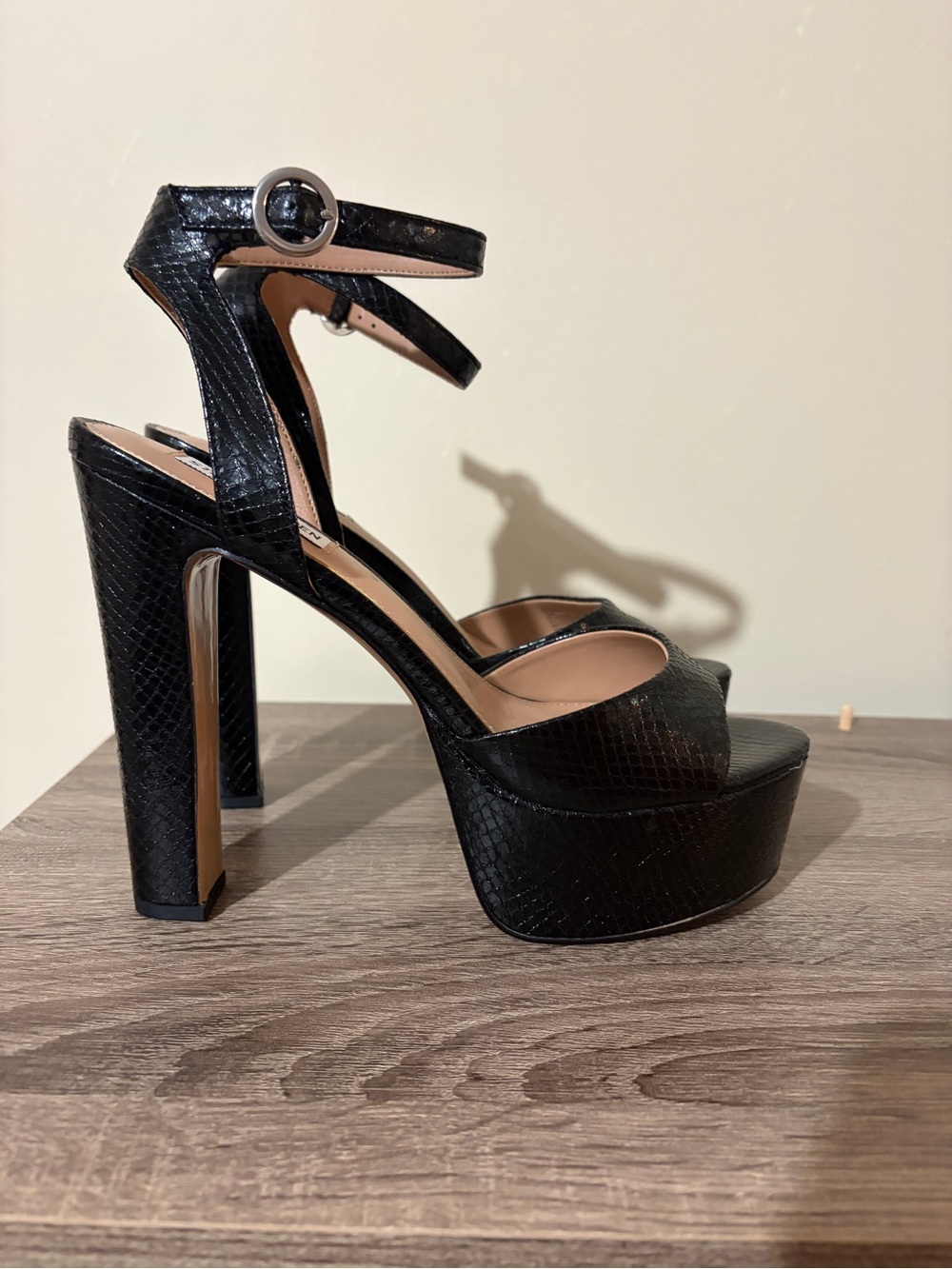 Steve Madden Black Faux-Snakeskin Platform Block Heels with Ankle Strap - Picture 2 of 7
